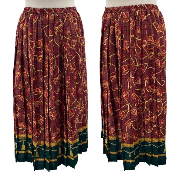 Vintage 80s Pleated Midi Skirt French Horns Mixed Print Pull on Maroon Green S - Picture 1 of 8